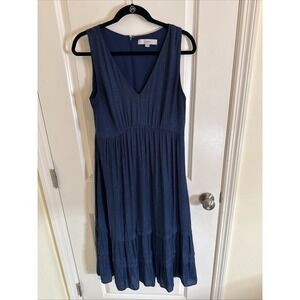 Loft Blue Spotted Sleeveless Tiered Midi V Neck Dress Size 10